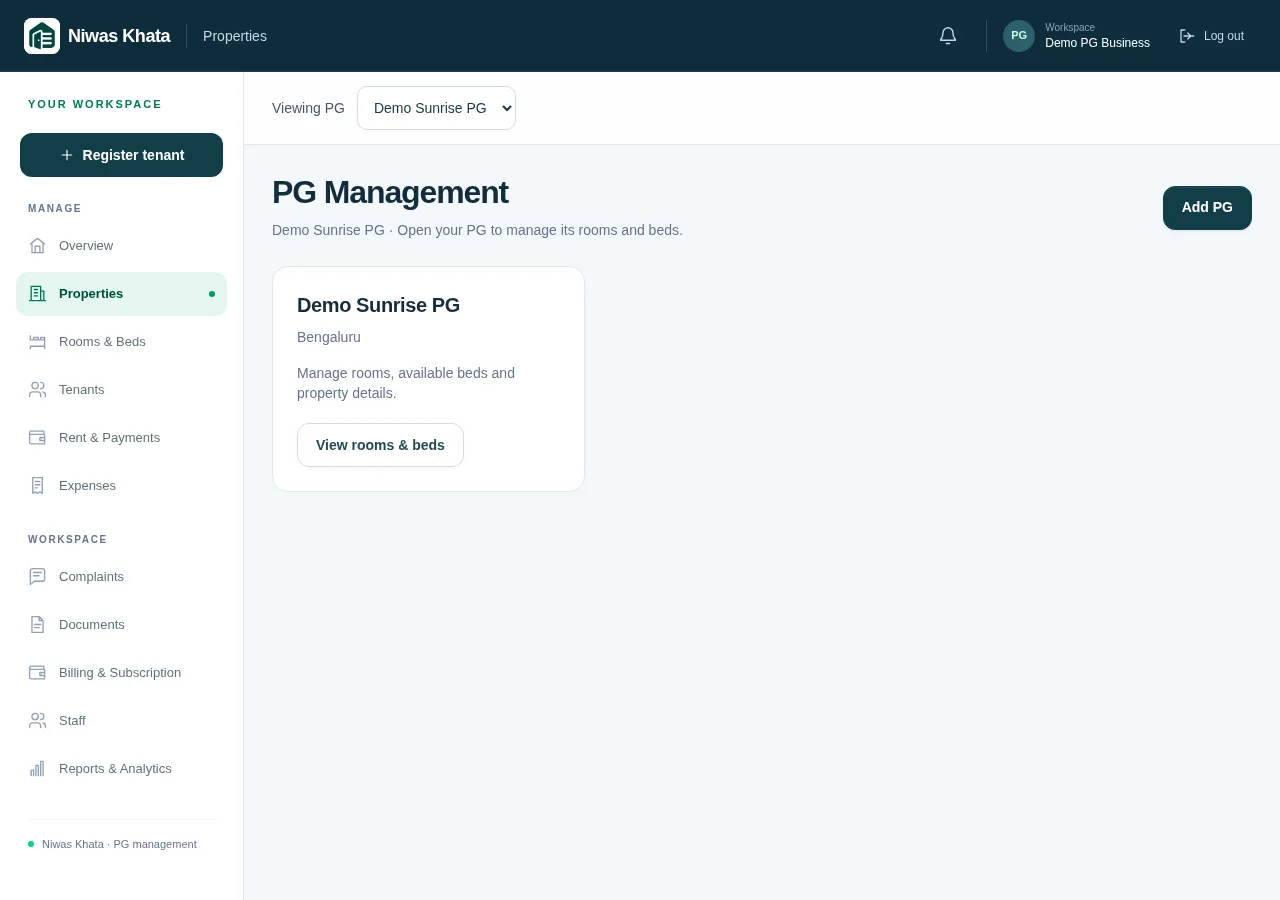 Actual Niwas Khata property management workflow using fictional demonstration records